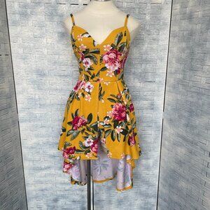 Derek Heart Medium Yellow Floral High Low Romper Dress Ruffle Spaghetti Strap